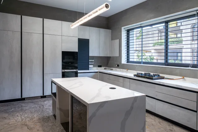 Grey C-Shaped Kitchen with Island
