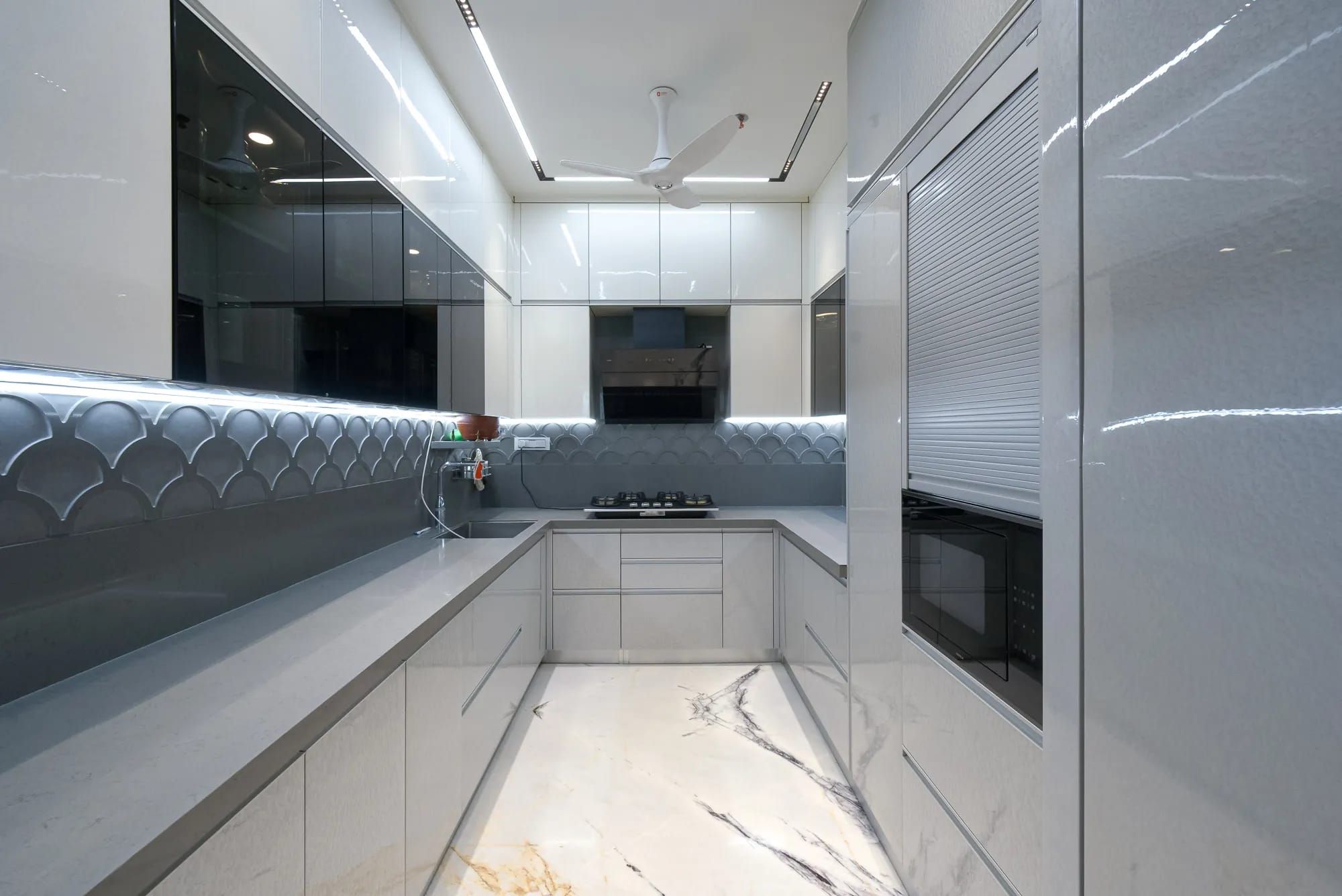 C-Shaped Blue and White Kitchen