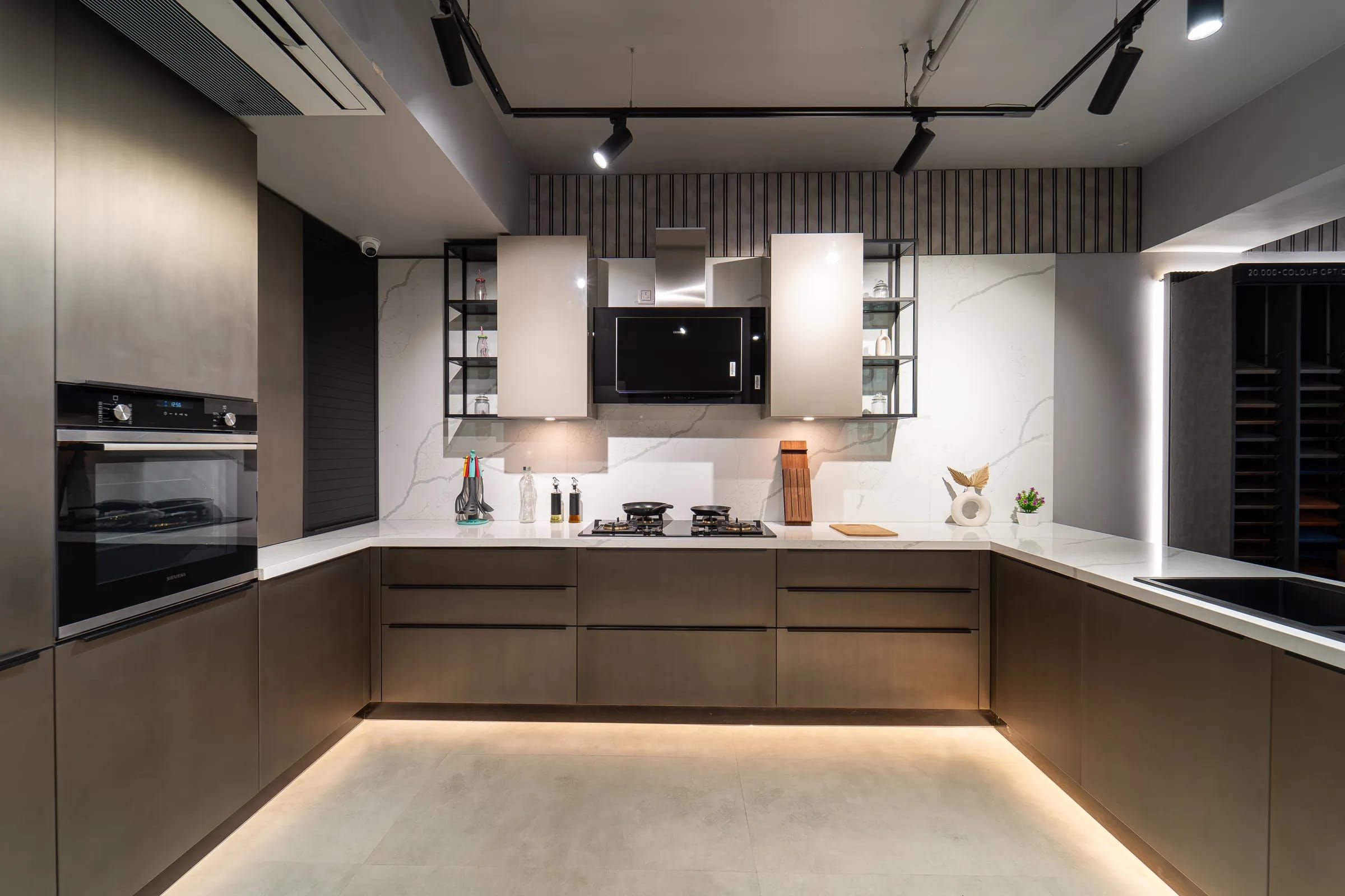Brown and Cream C-Shaped Modular Kitchen