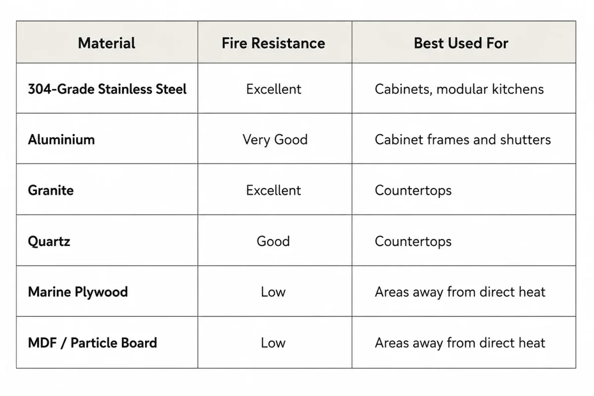 Fire Resistance Comparison of Kitchen Materials