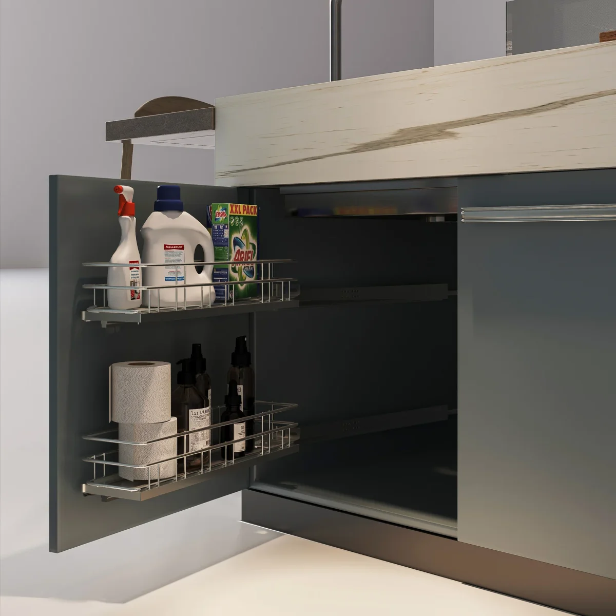 Under-sink detergent holder and kitchen organiser