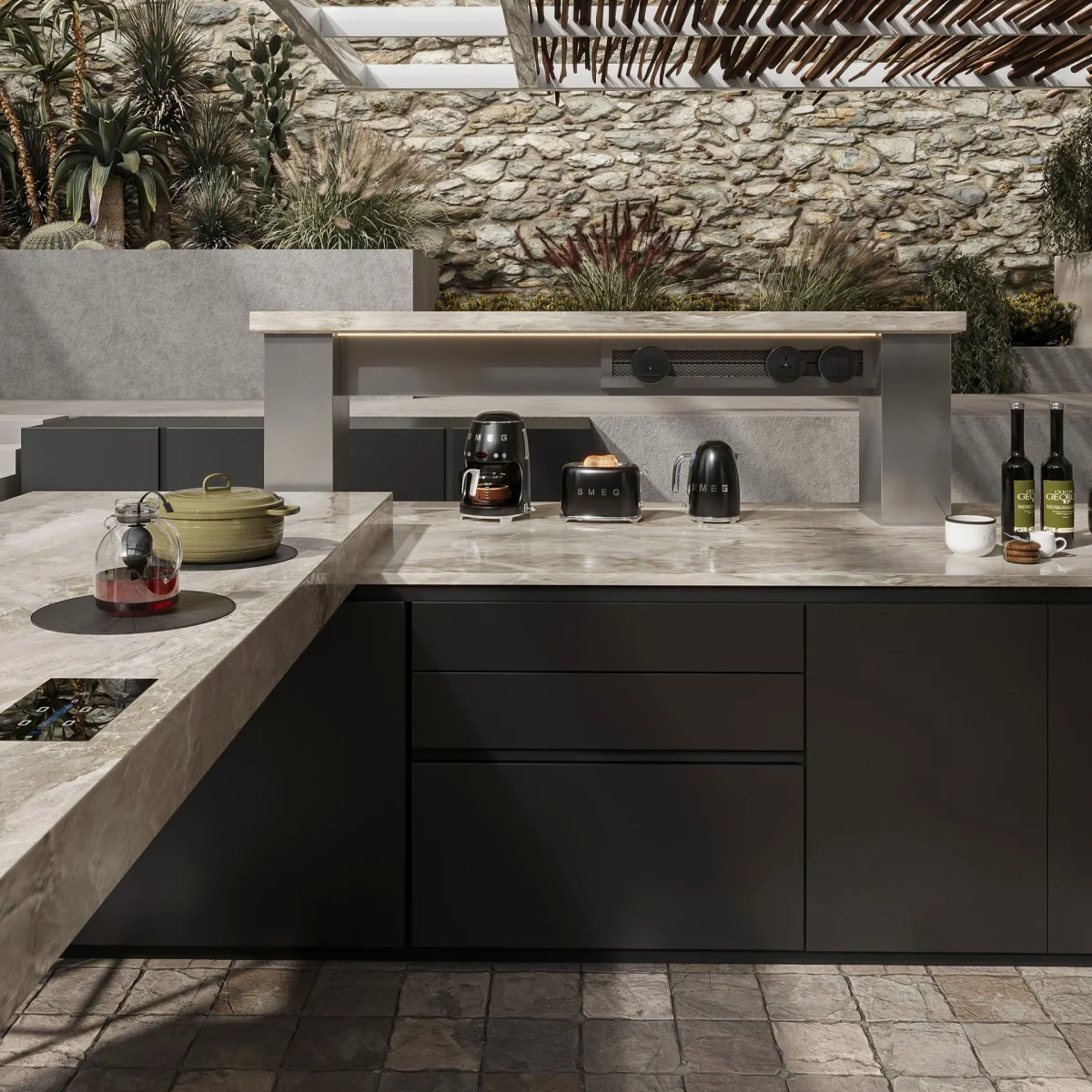 Pop-up hidden storage integrated into a kitchen worktop
