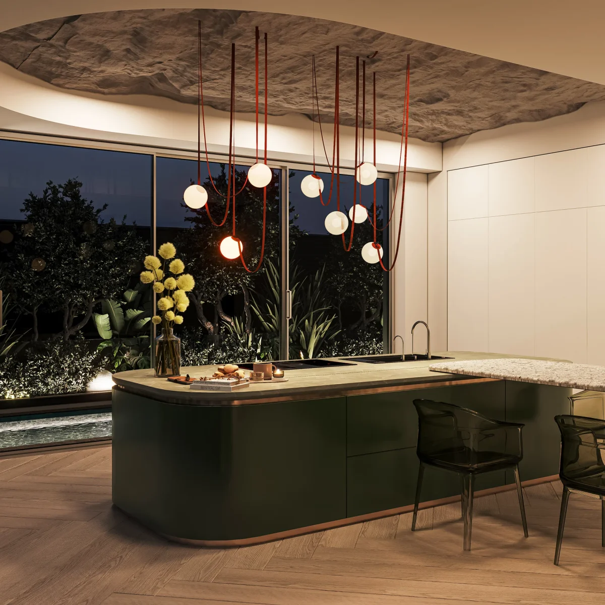 Pendant lights over kitchen island